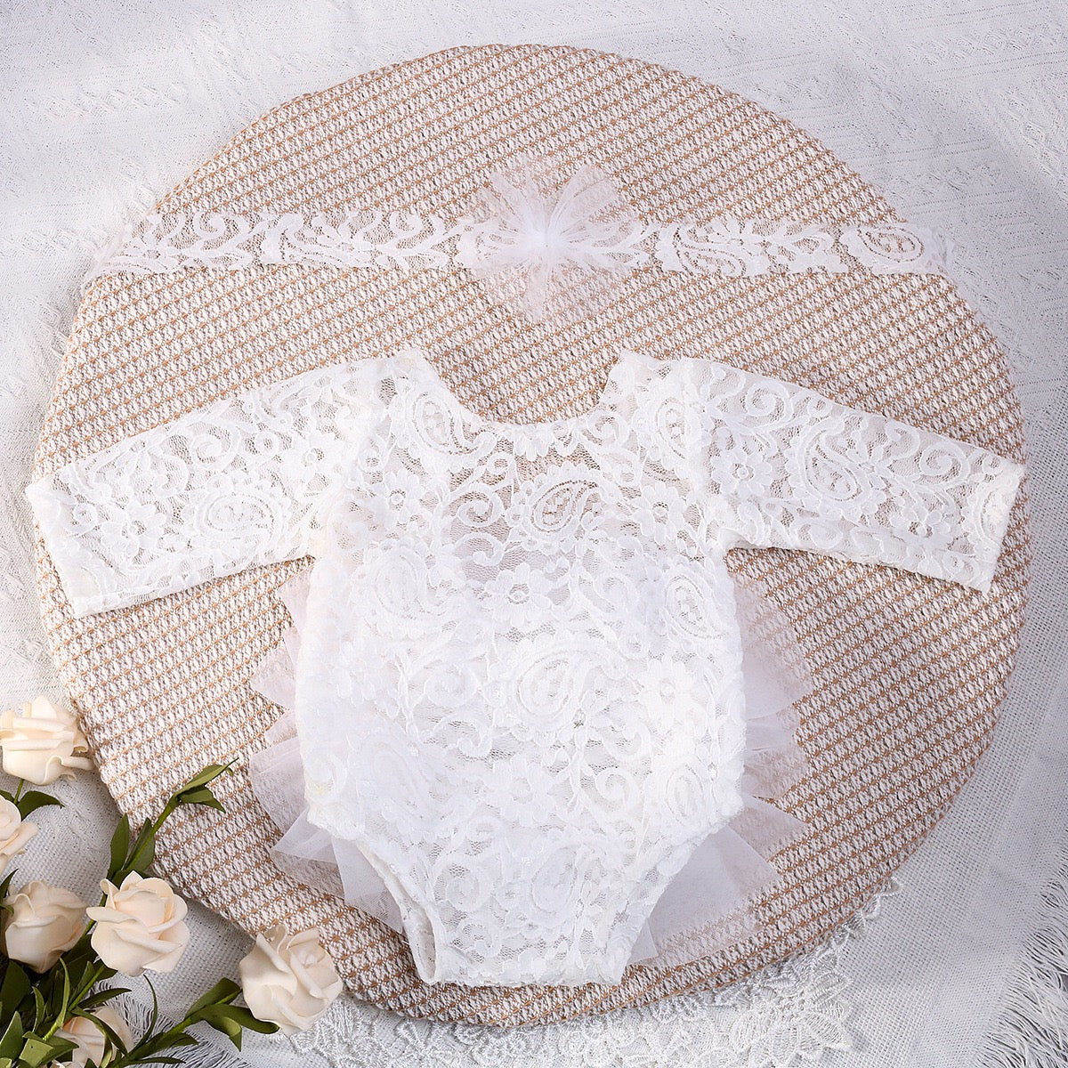 set of 2pcs 0-1 month Baby Girl lace romper dress + tulle headband white