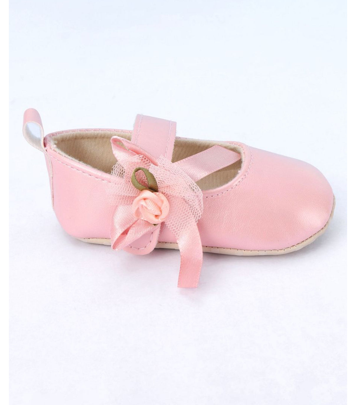 Baby leather shoes with flowers pink color soft sole