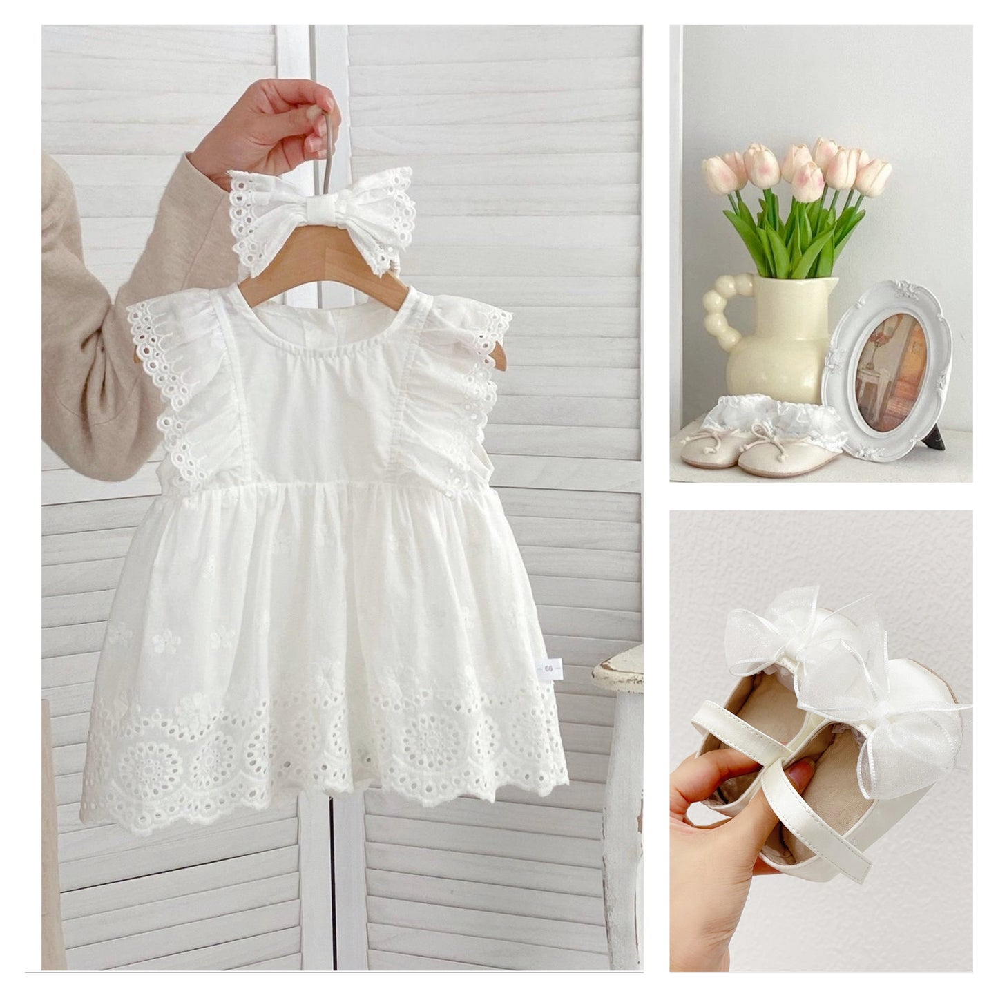 Simple 100% cotton flying sleeve dress + headband white