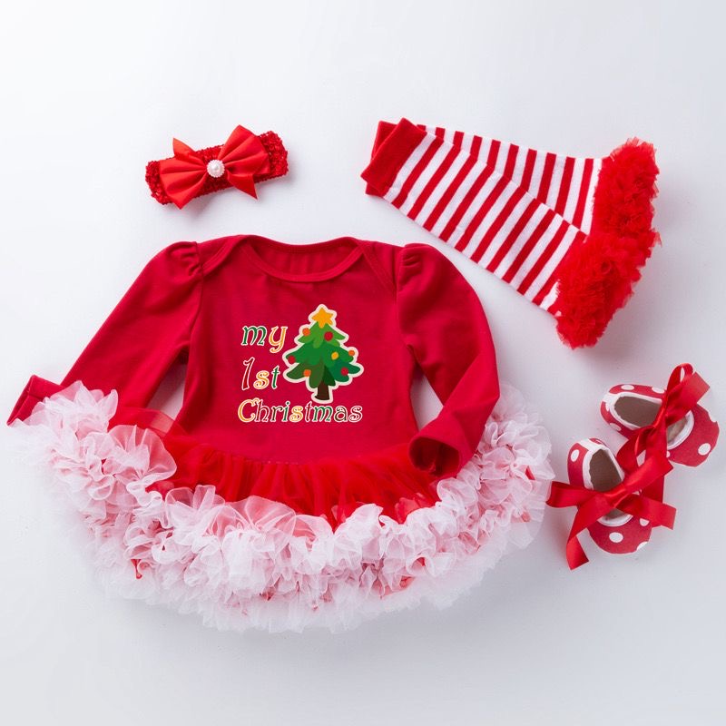 4 pcs set Baby Christmas Long Sleeve romper dress + headband + socks + shoes