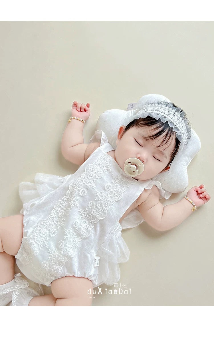 set of 2pcs Baby Girl vintage style Romper Dress with embroidered flowers + lace headband
