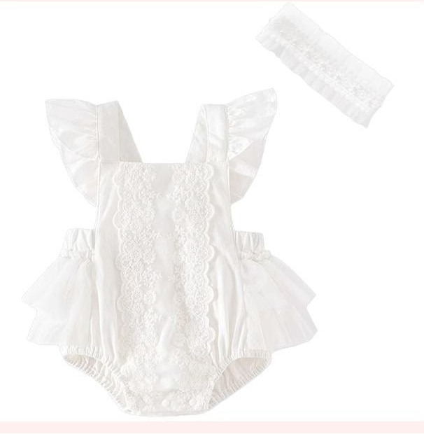 set of 2pcs Baby Girl vintage style Romper Dress with embroidered flowers + lace headband