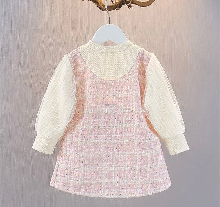 فستان بناتي بأكمام طويلة مع عقدة فيونكة وجيبين باللون الوردي