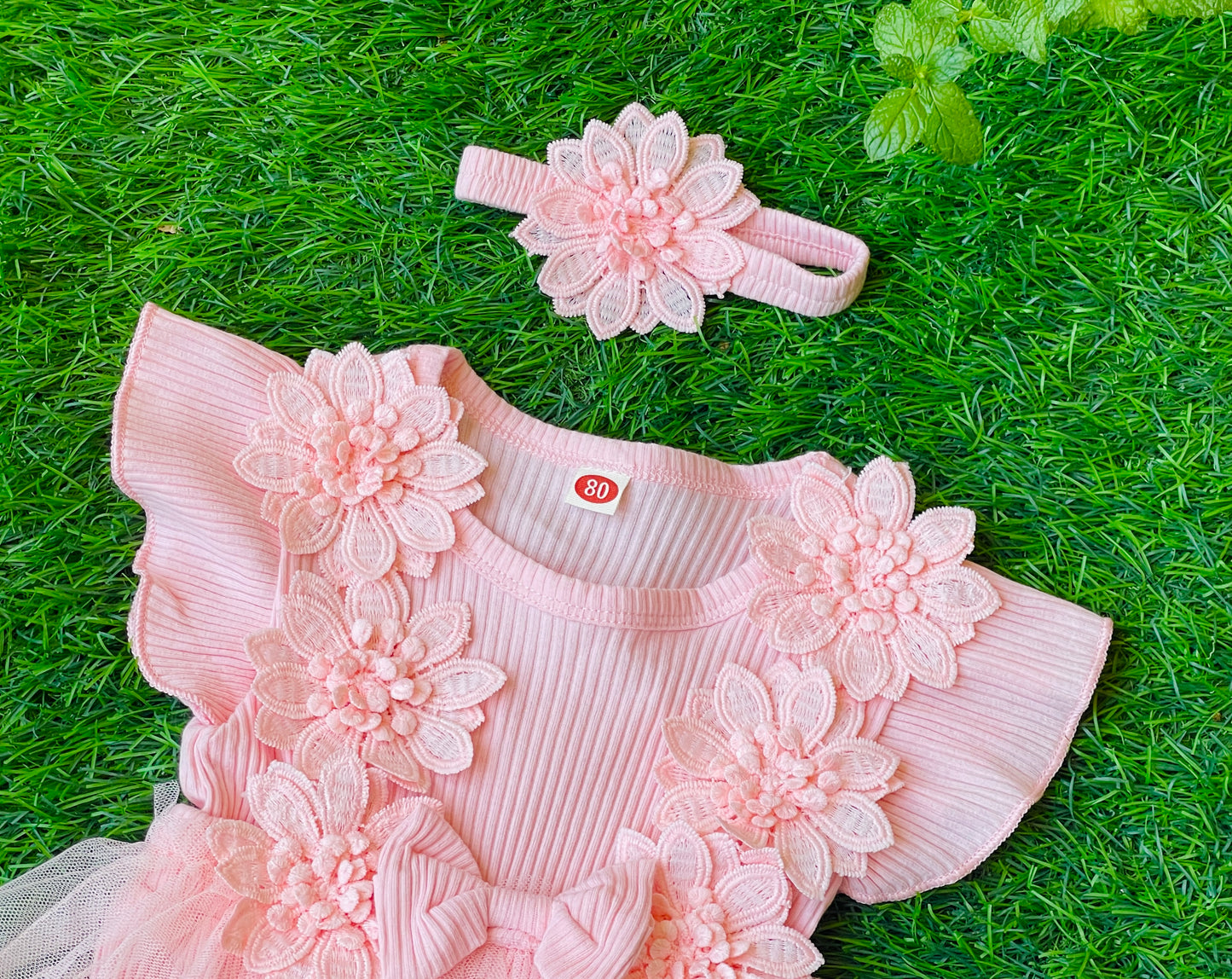 Baby Girl Lace Romper Dress flower and bow Boho + headband 4 color