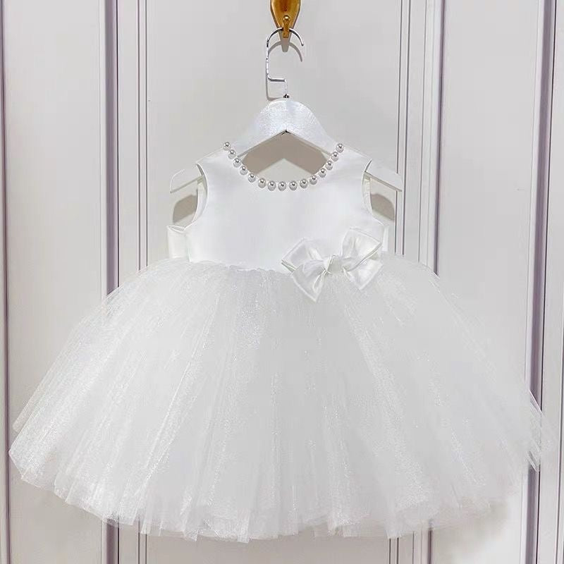 Puffy tulle dress pearls design charming ball gown for girls with removable big bow at back white