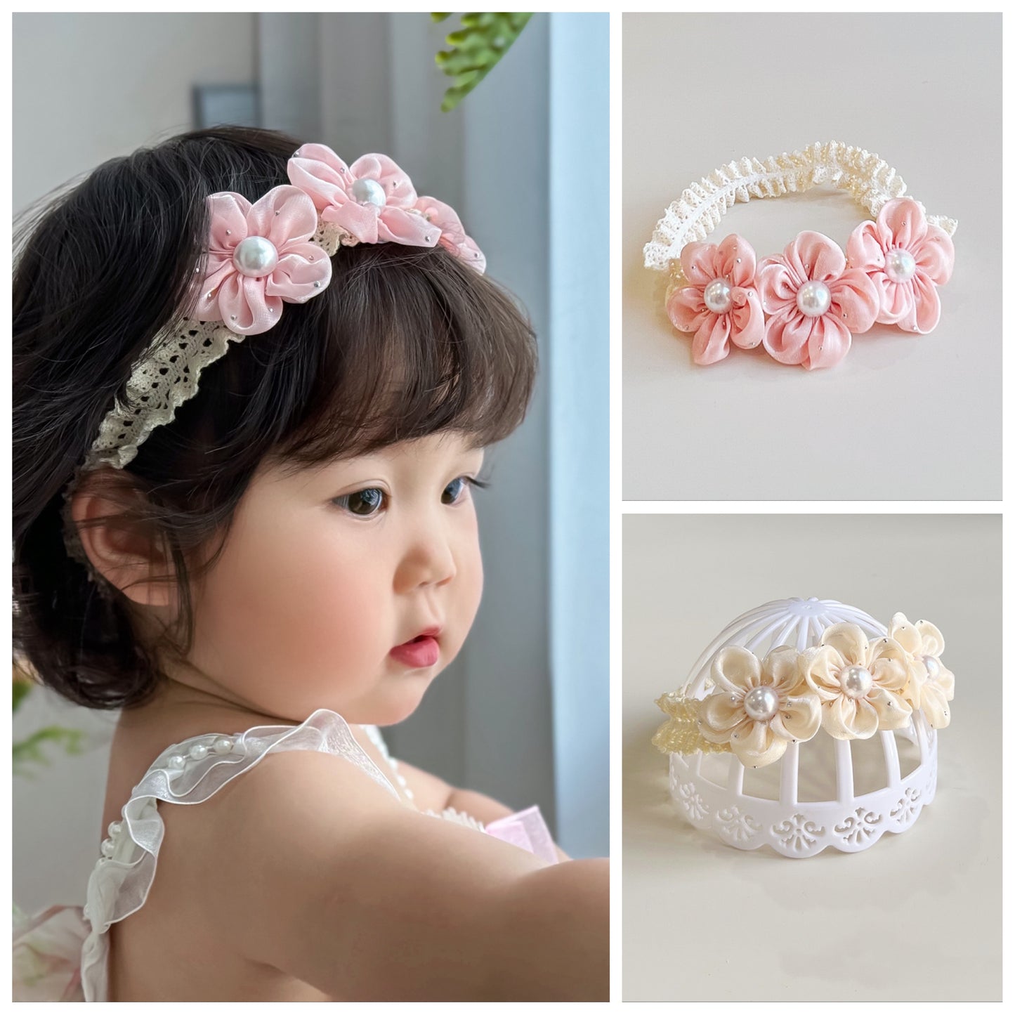 Headband with 3 flowers and pearls 2 color