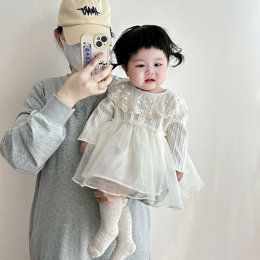 long sleeve romper dress lace collar beige color