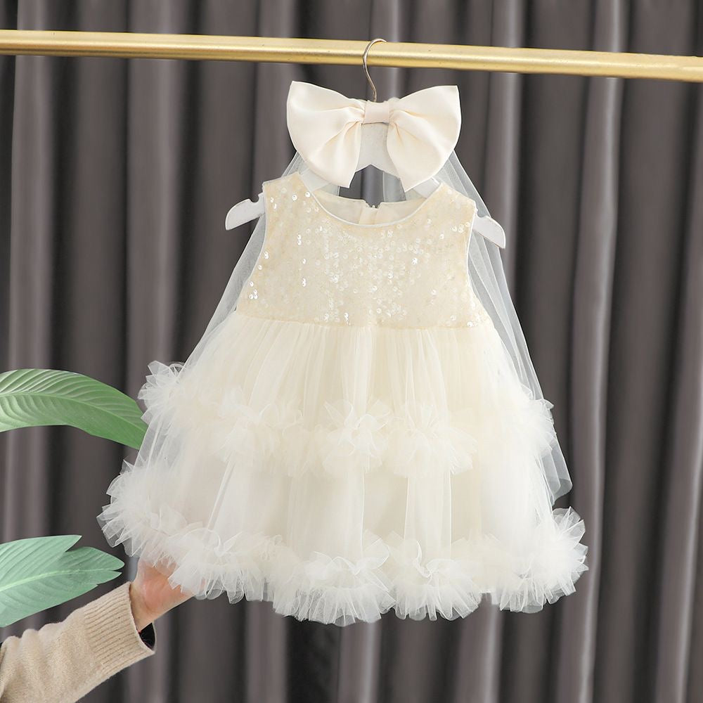 Set of 2 pcs Multi layered princess dress very soft with sequins + hair clip with big bow and tulle