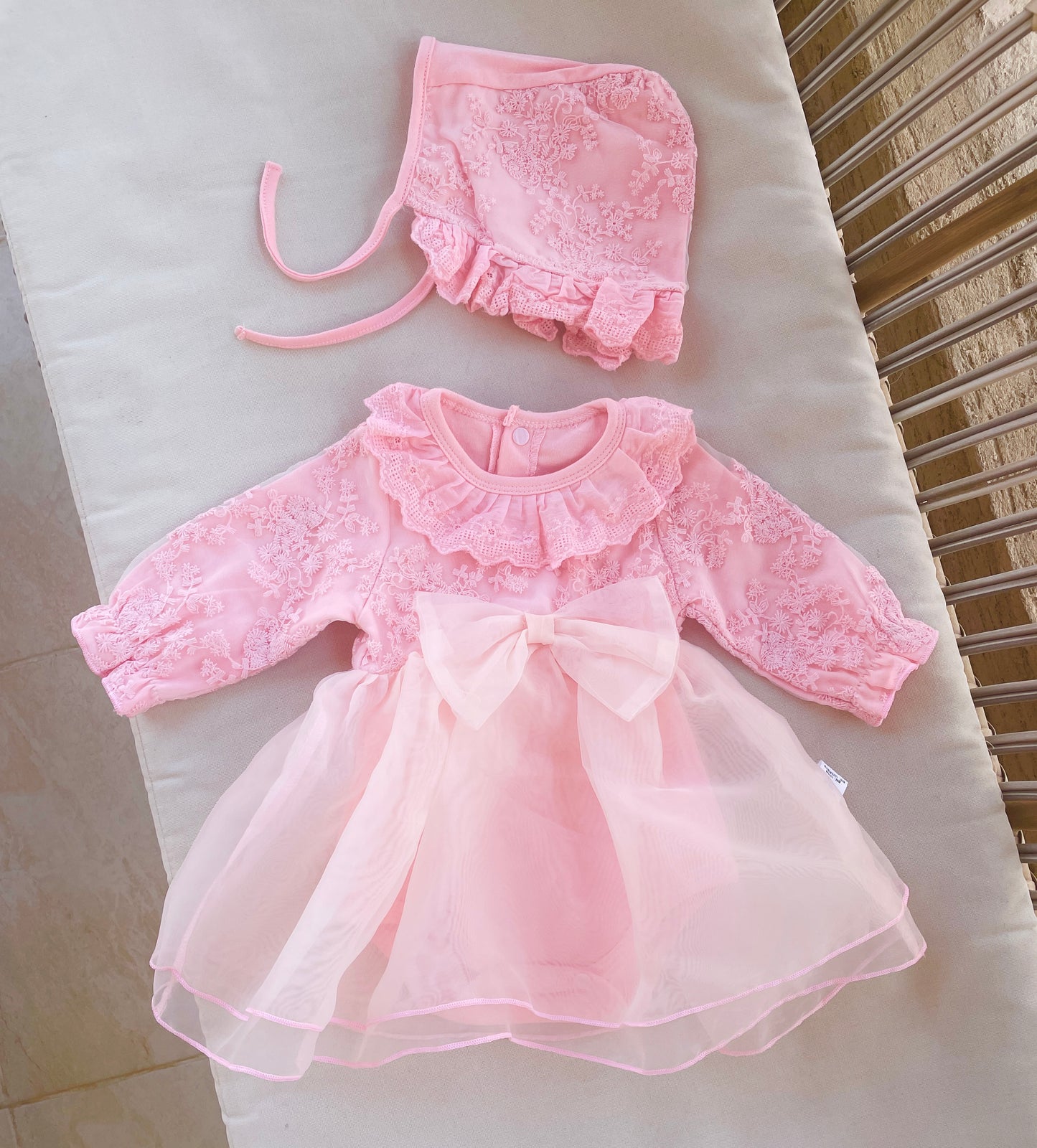 set of 2 pcs long sleeve  dress with bow at waist + hat for baby girls 3 colors