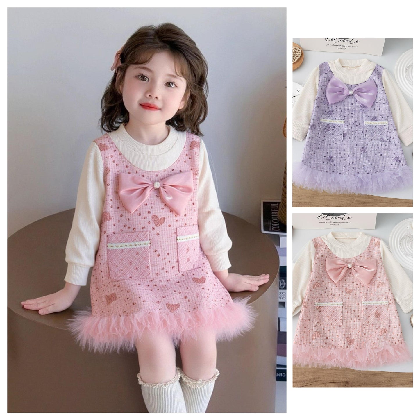 Long sleeve dress with multi-layered tulle skirt hem and big bow at chest 2 color