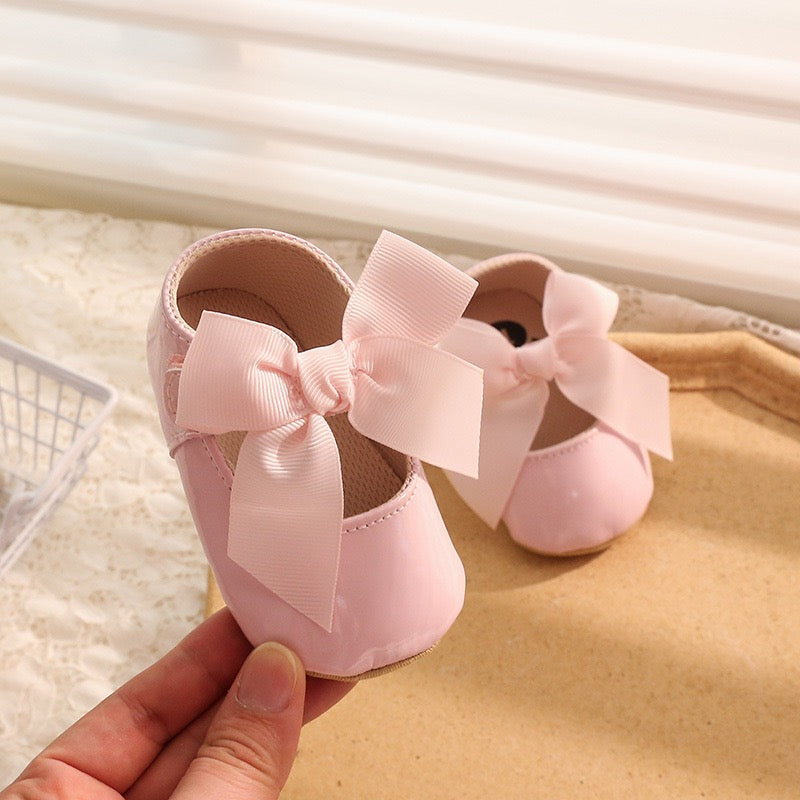 Parent leather pre-walker shoes with bow rubber sole 2 color