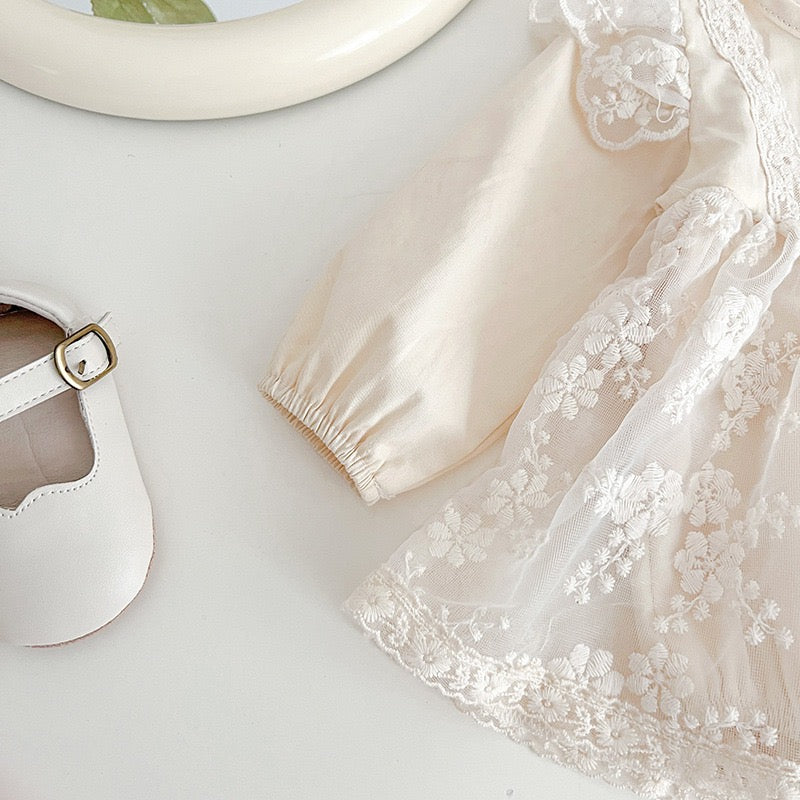 Baby beige lace romper dress long sleeve + vintage lace headband