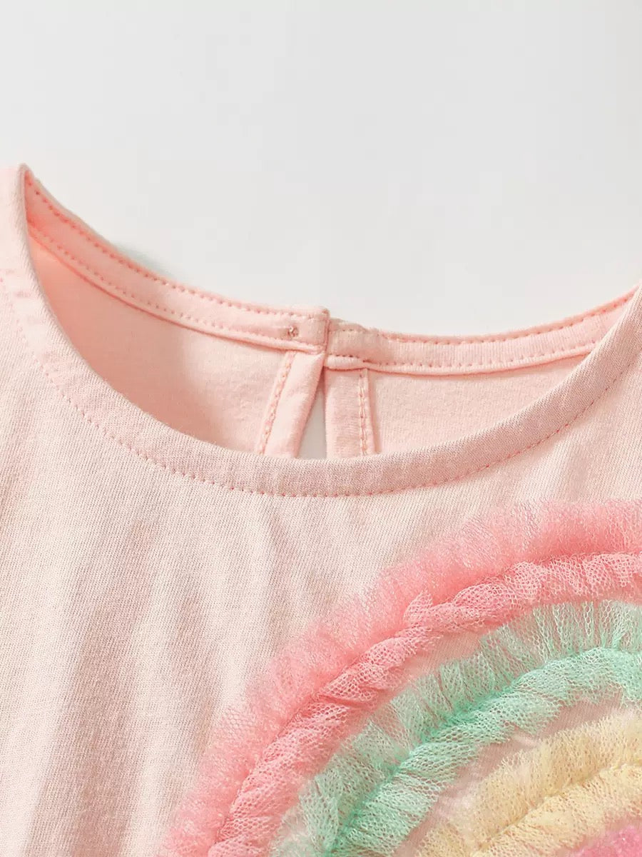 Girl's Colorful Mesh Rainbow Pattern Cap Sleeve Dress