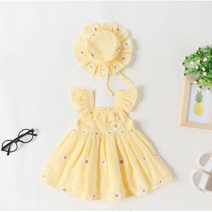 2 pcs set baby dress embroidered daisy + hat