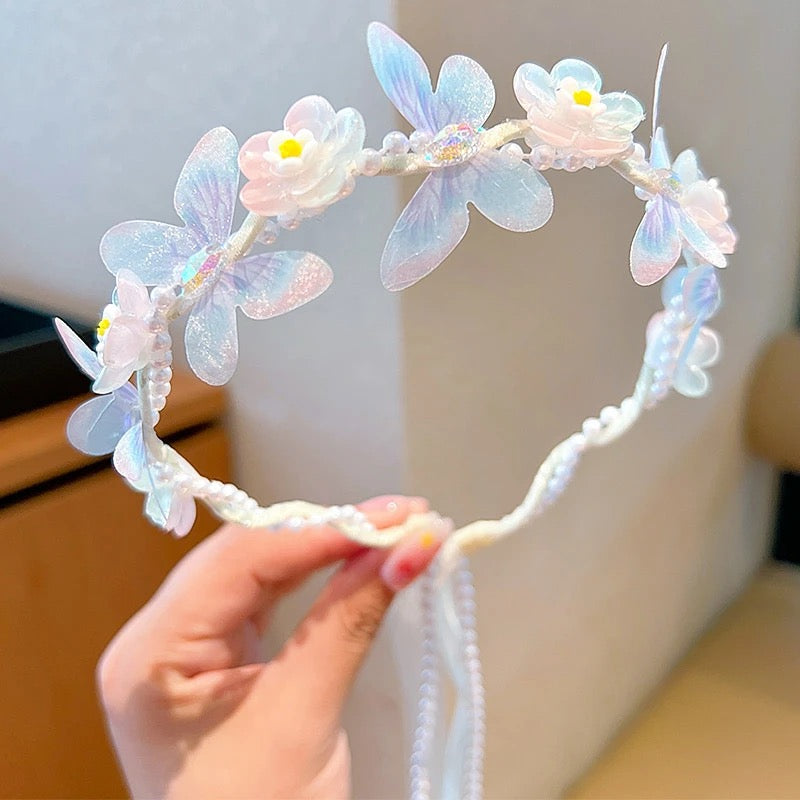 Kids headpiece with rainbow color flowers , butterflies, pearls