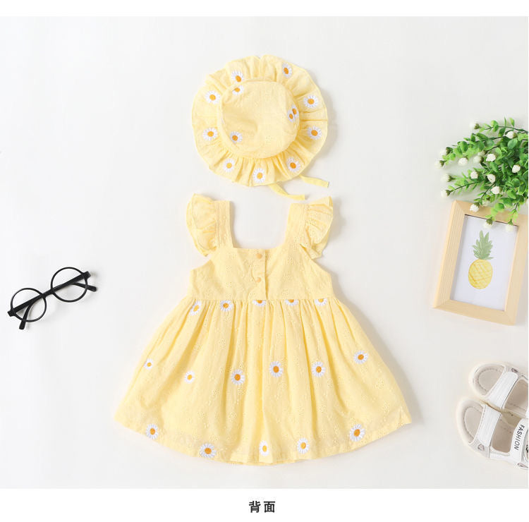 2 pcs set baby dress embroidered daisy + hat