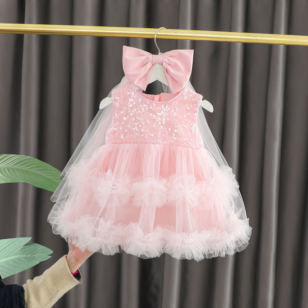 Set of 2 pcs Multi layered princess dress very soft with sequins + hair clip with big bow and tulle