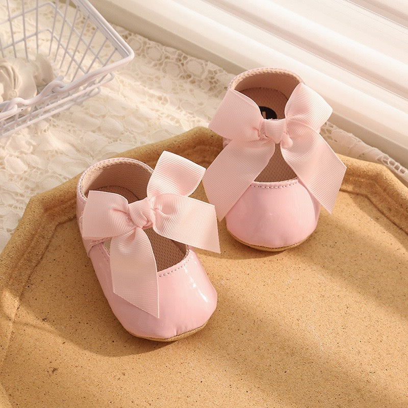 Parent leather pre-walker shoes with bow rubber sole 2 color