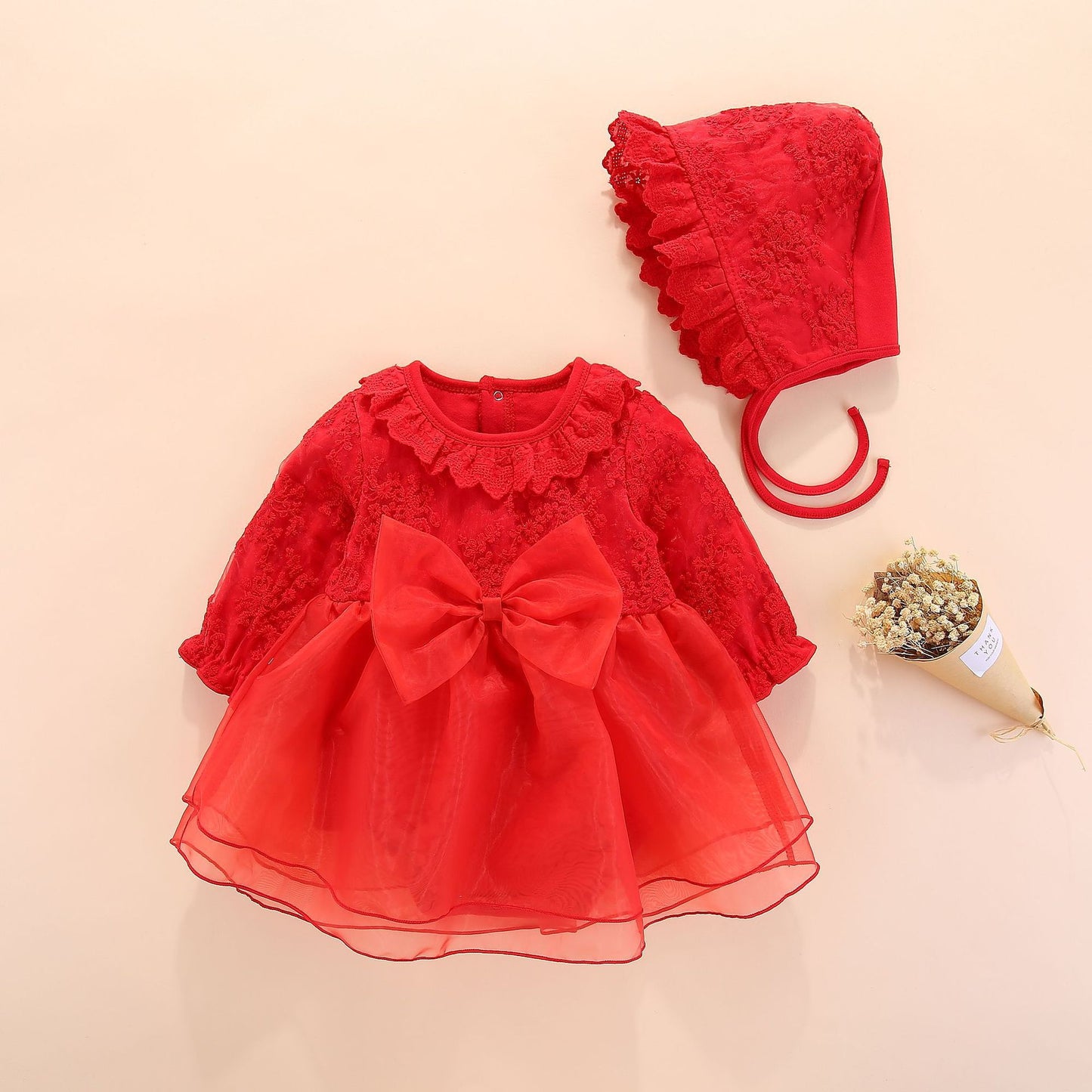set of 2 pcs long sleeve  dress with bow at waist + hat for baby girls 3 colors