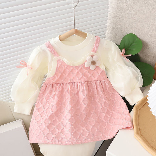 Fake 2pc long sleeve dress with flower and bow knots on sleeves color Pink