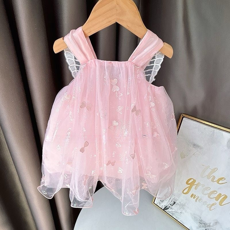 Tutu dress with big butterfly at back and embroidered bows pink color