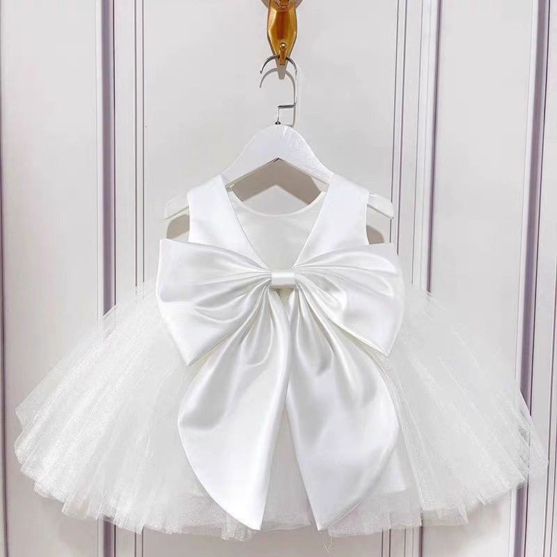Puffy tulle dress pearls design charming ball gown for girls with removable big bow at back white