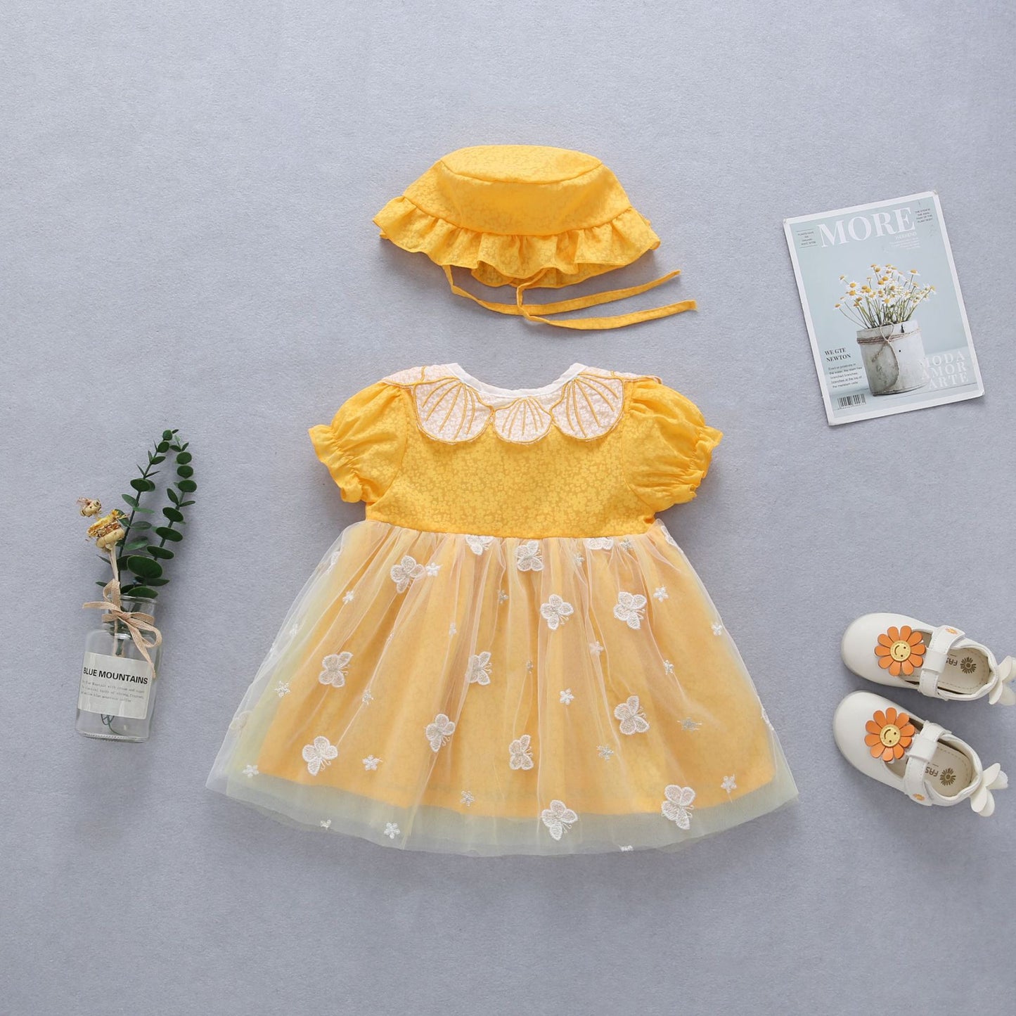 2 pcs set baby dress Petal shape collar and embroidered butterfly + hat