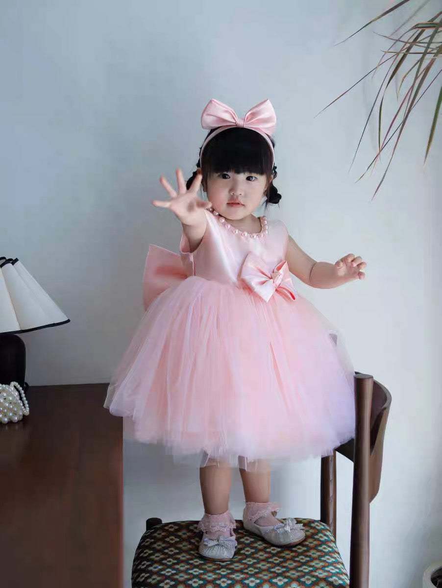 Puffy tulle dress pearls design charming ball gown for girls with removable big bow at back