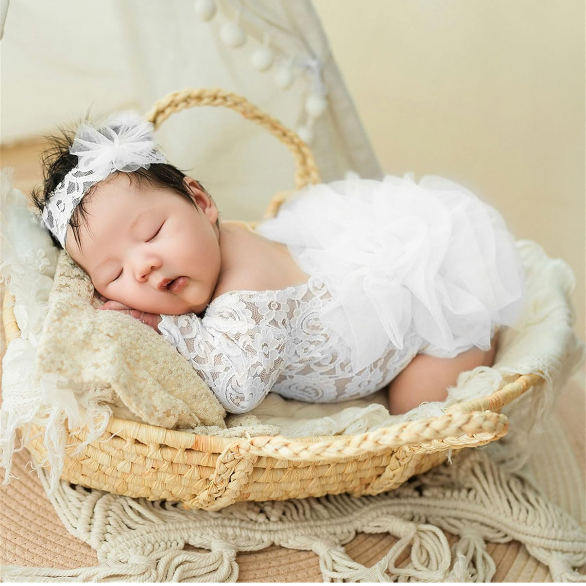 set of 2pcs 0-1 month Baby Girl lace romper dress + tulle headband white