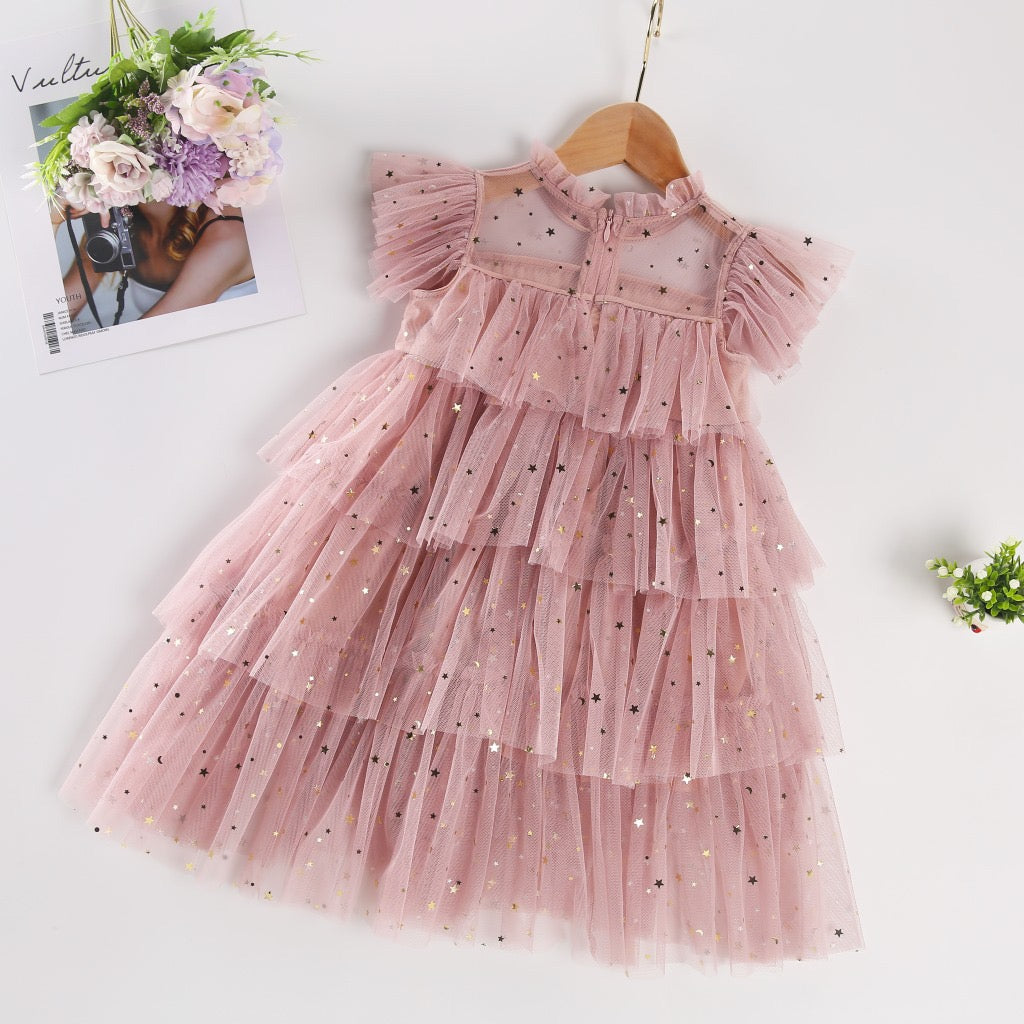 Layered Tulle Dress Flutter Sleeve Princess Cake Dress