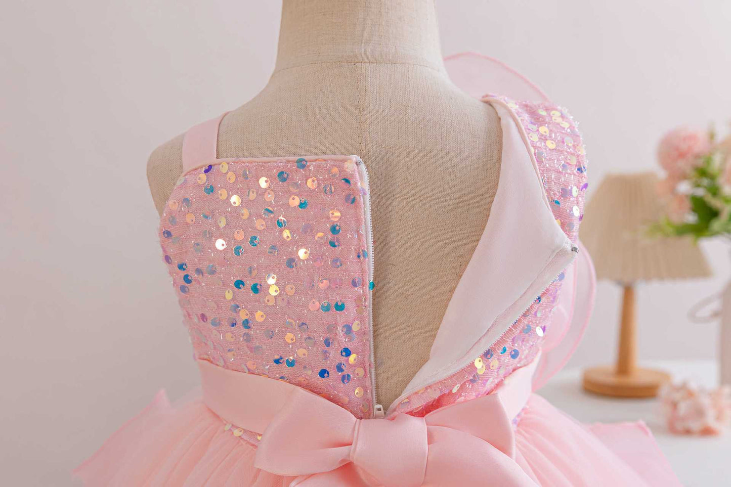 Girl's Sleeveless Princess Dress with 3D Rose Embellishments and sequins pink color
