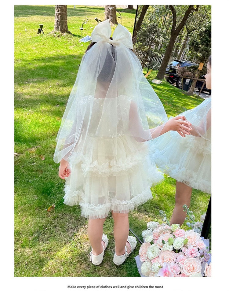 Set of 2 pcs Multi layered princess dress very soft with sequins + hair clip with big bow and tulle