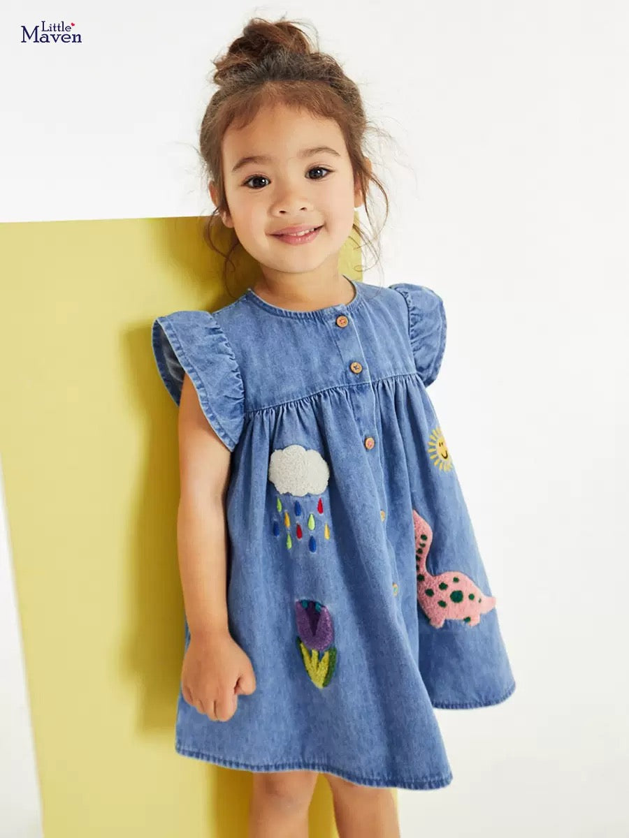 Embroidered flying sleeve denim dress