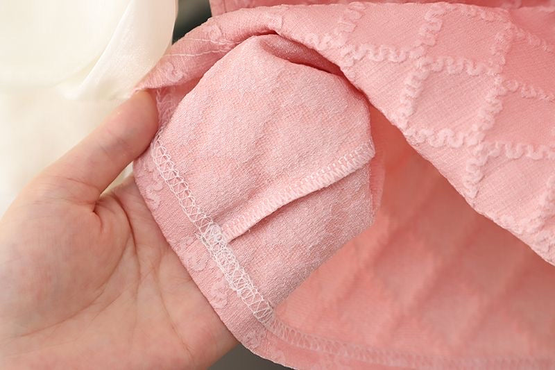 Fake 2pc long sleeve dress with flower and bow knots on sleeves color Pink