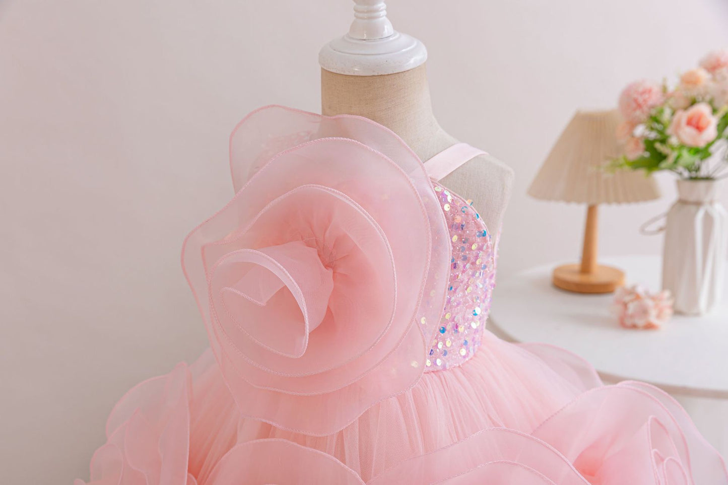 Girl's Sleeveless Princess Dress with 3D Rose Embellishments and sequins pink color