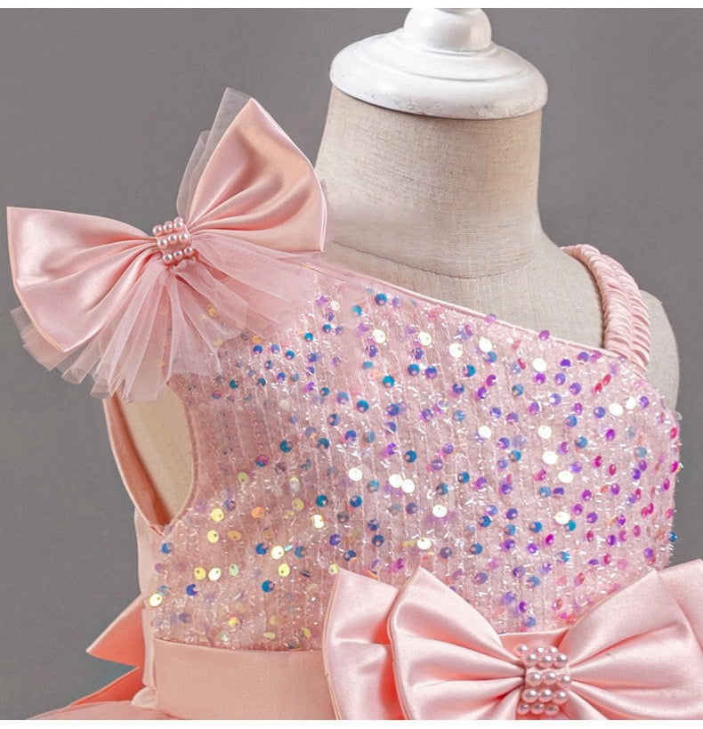 Pink princess dress with 2 bows at waist and on shoulder, with sequins