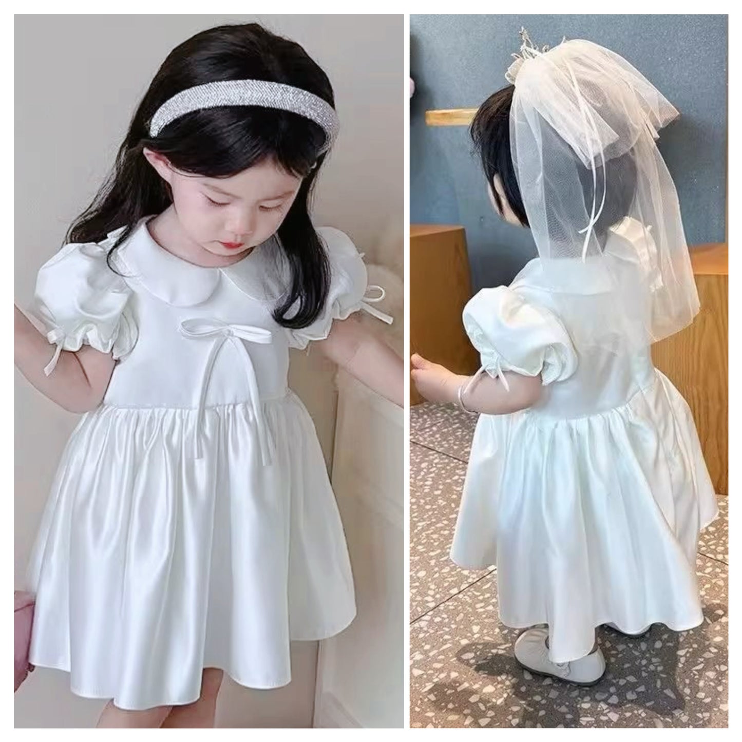 Elegant satin dress with cute bows and puffy sleeves and doll collar