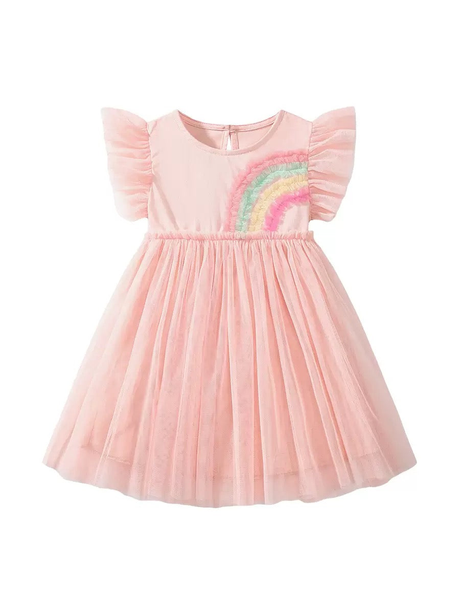Girl's Colorful Mesh Rainbow Pattern Cap Sleeve Dress