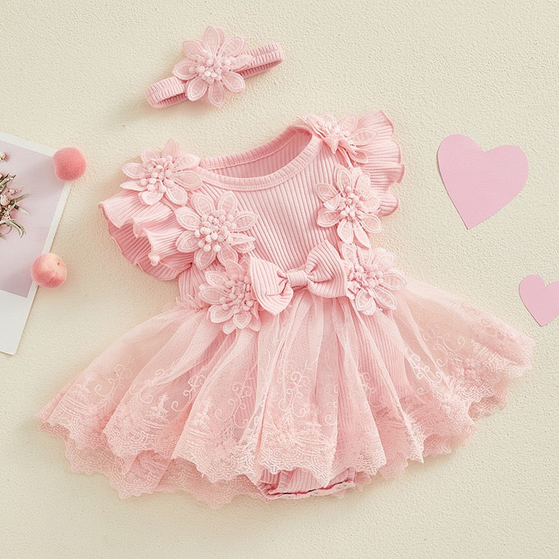 Baby Girl Lace Romper Dress flower and bow Boho + headband 4 color