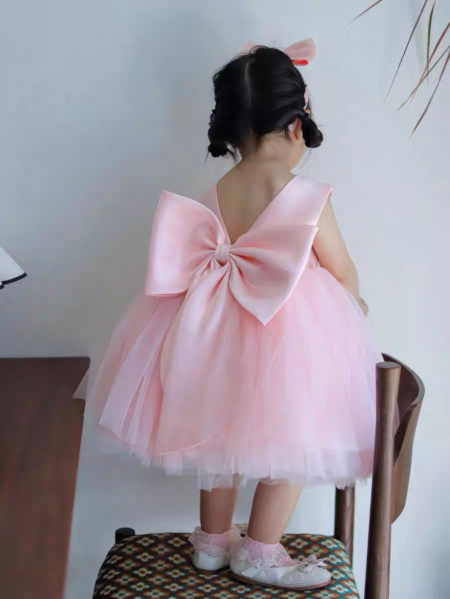 Puffy tulle dress pearls design charming ball gown for girls with removable big bow at back