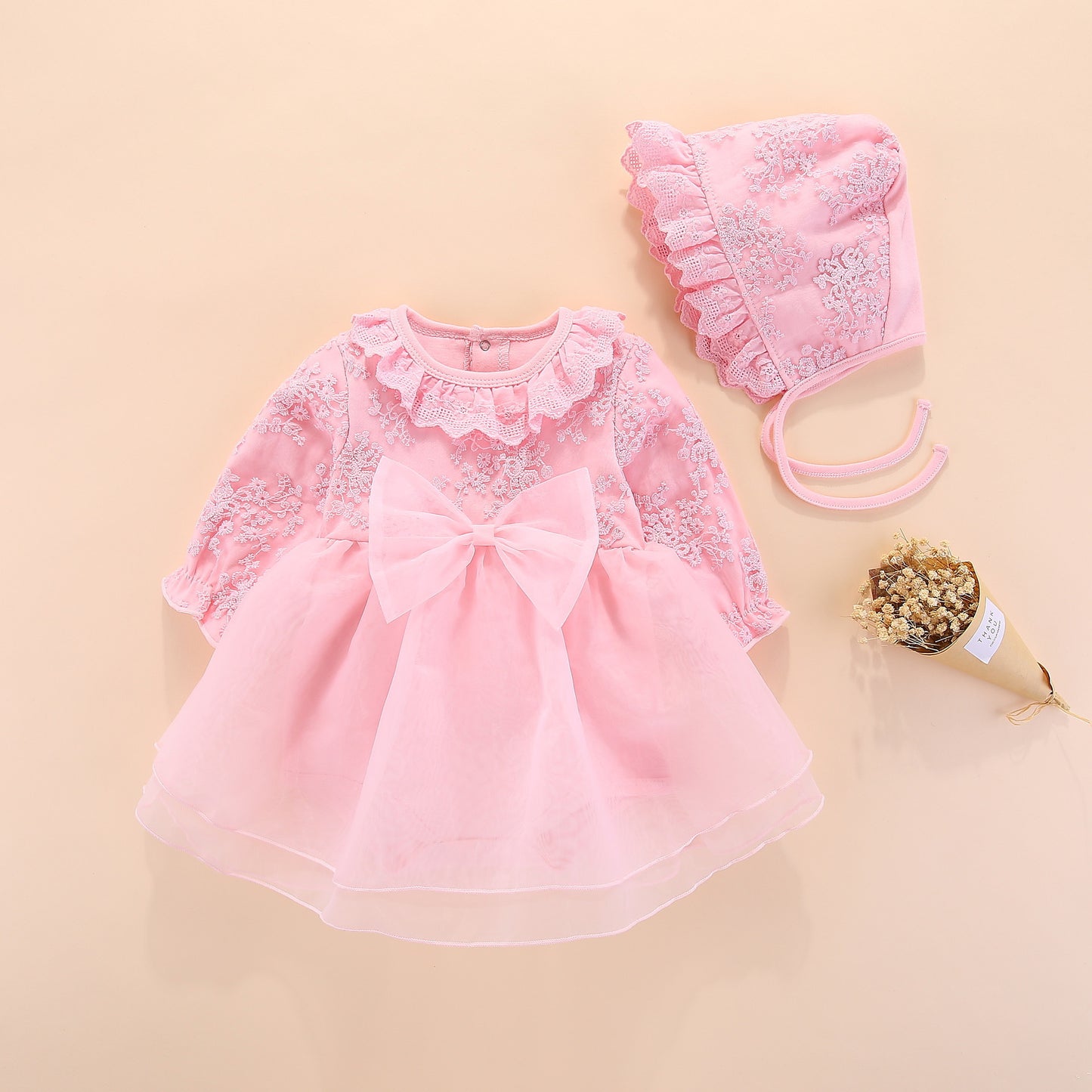 set of 2 pcs long sleeve  dress with bow at waist + hat for baby girls 3 colors