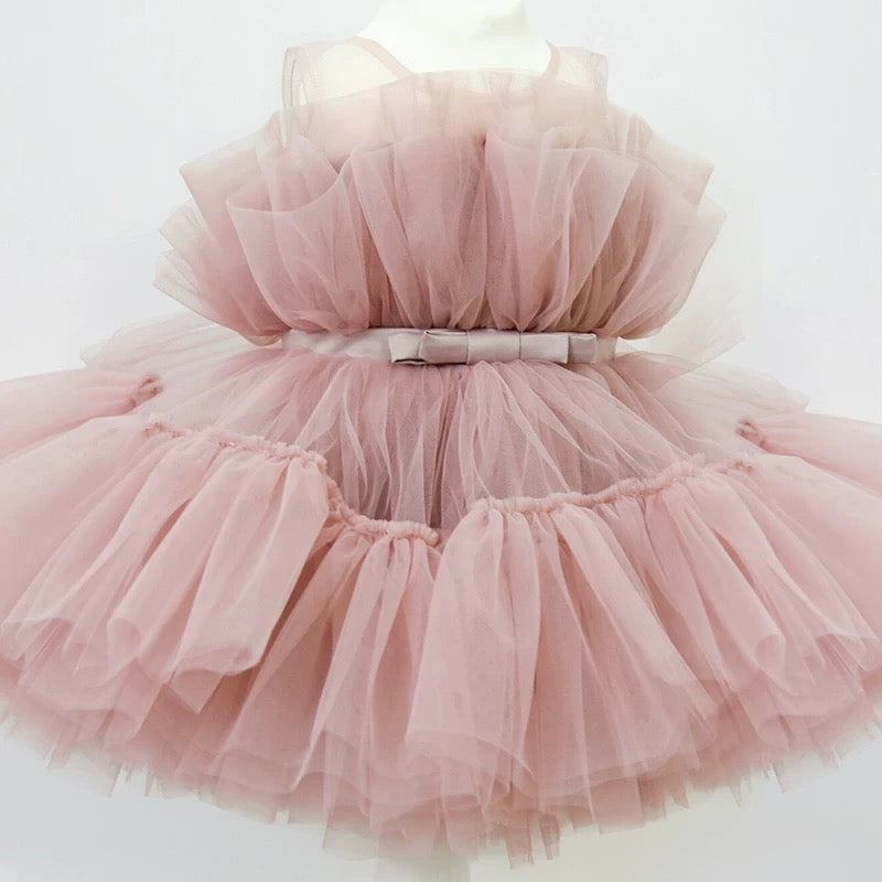 Princess tulle dress bow at waist old rose color
