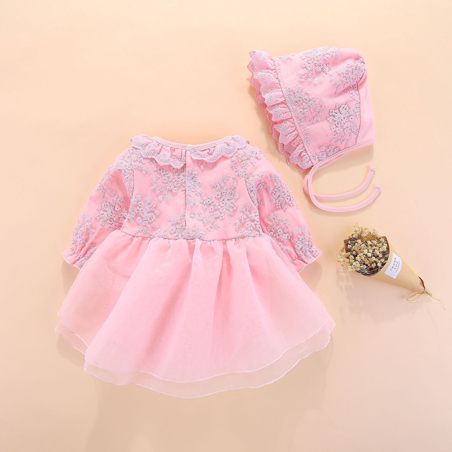 set of 2 pcs long sleeve  dress with bow at waist + hat for baby girls 3 colors