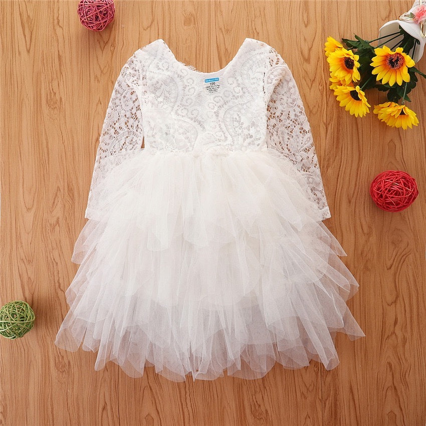 Kids long sleeve princess dress tutu skirt hollow lace sleeve