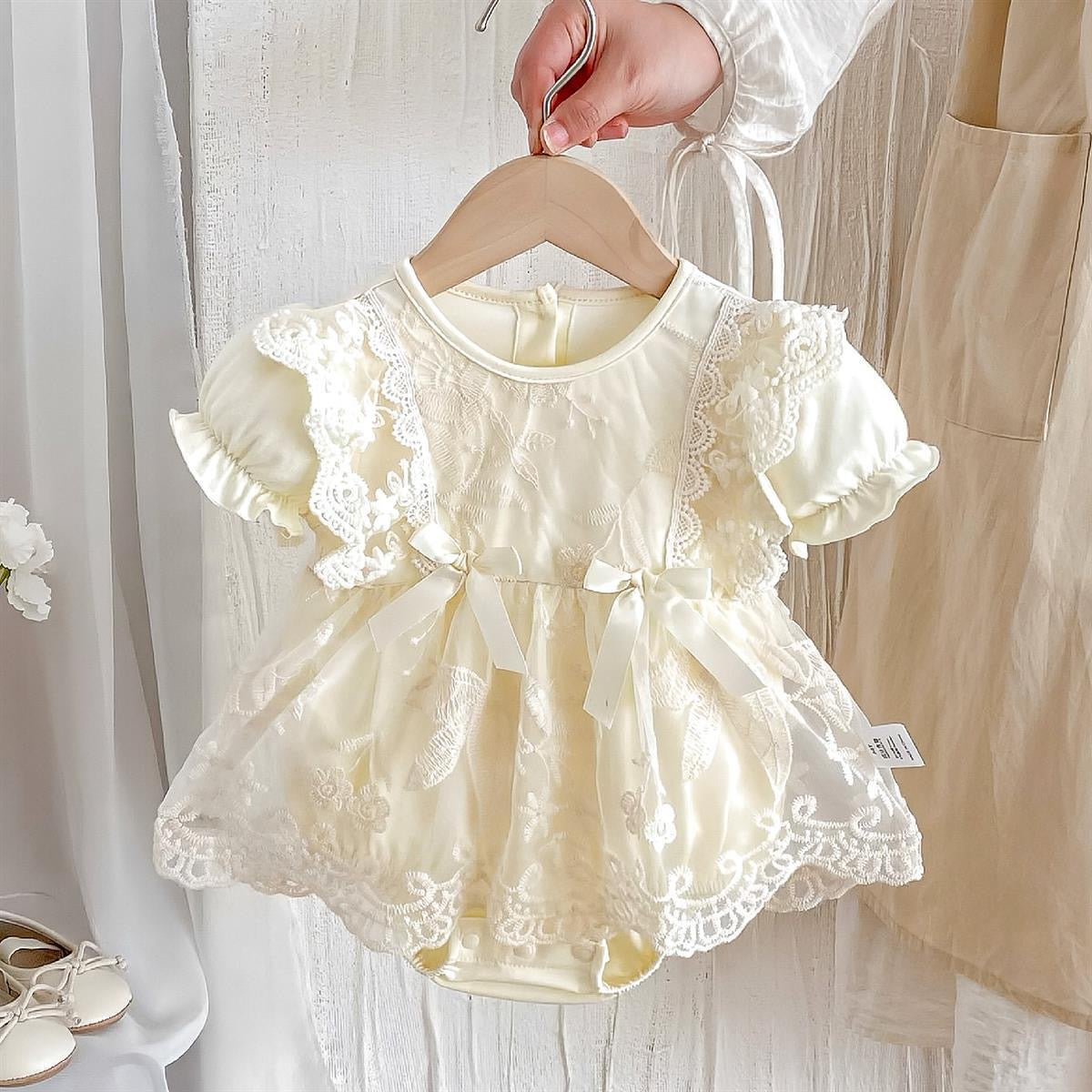 Short ruffle sleevelave romper dress 2 ribbon bows beige
