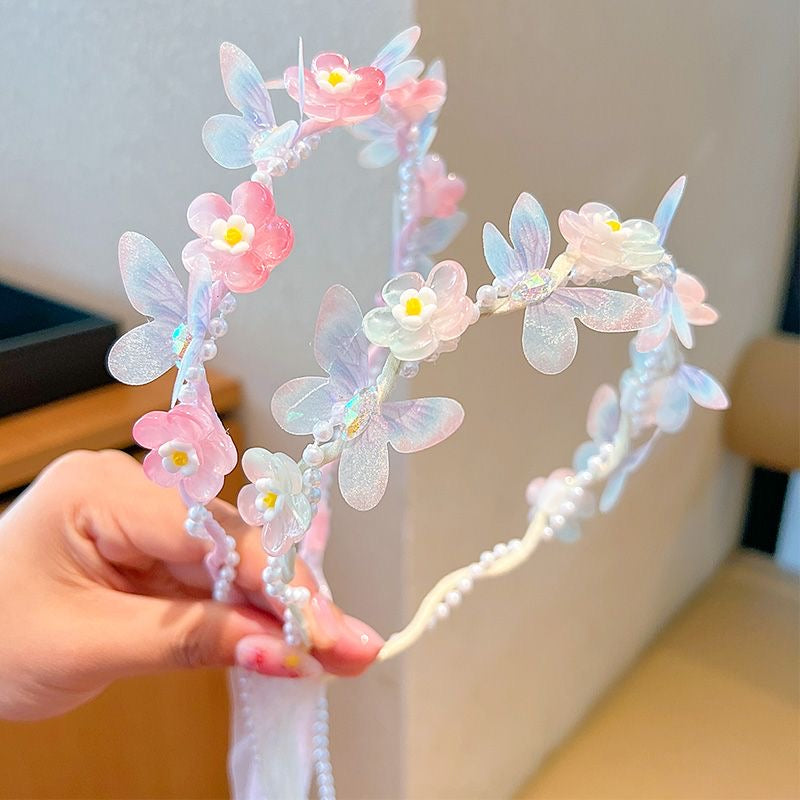 Kids headpiece with rainbow color flowers , butterflies, pearls