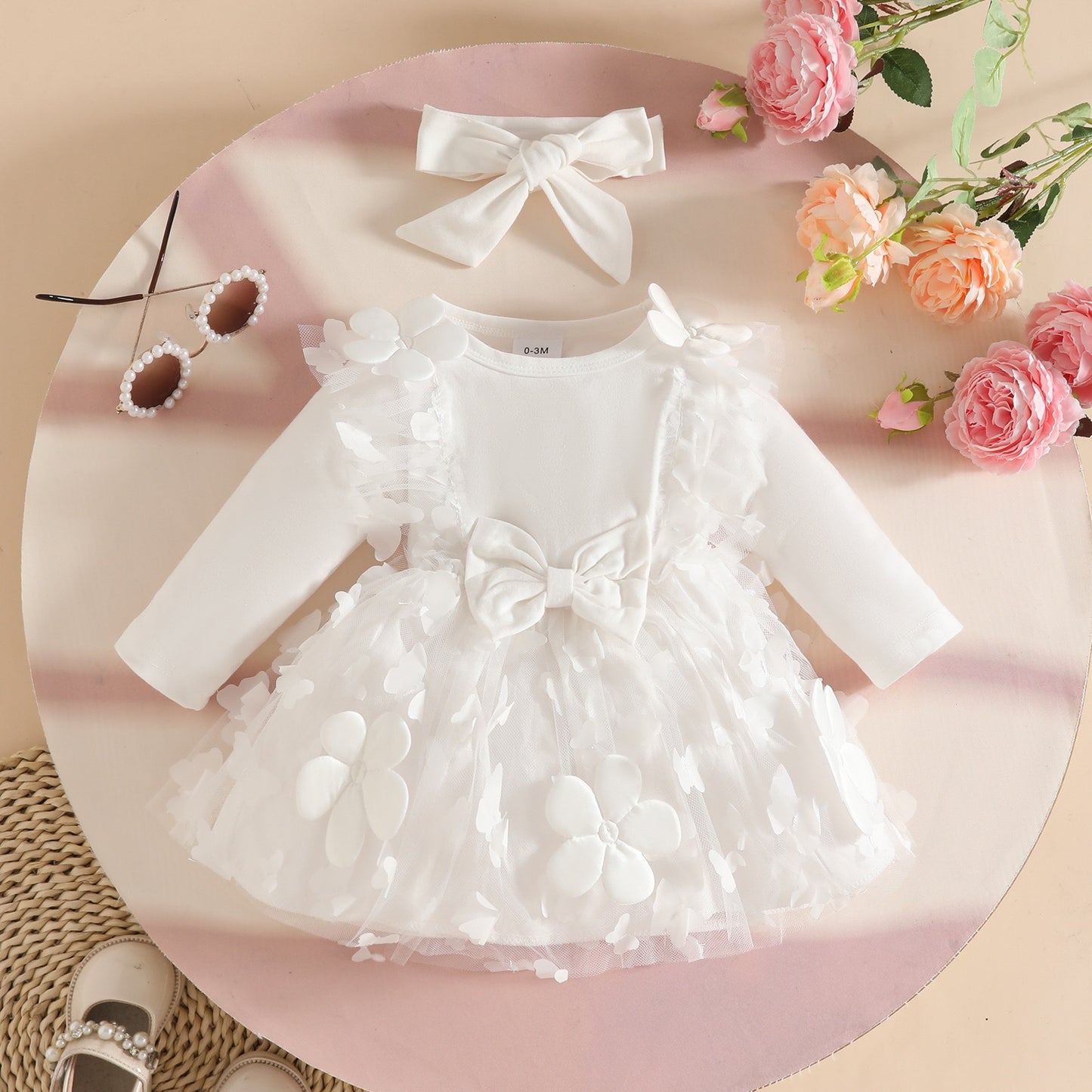 Set of 2pcs Long sleeve dress with butterflies and flowers + headband 2 color
