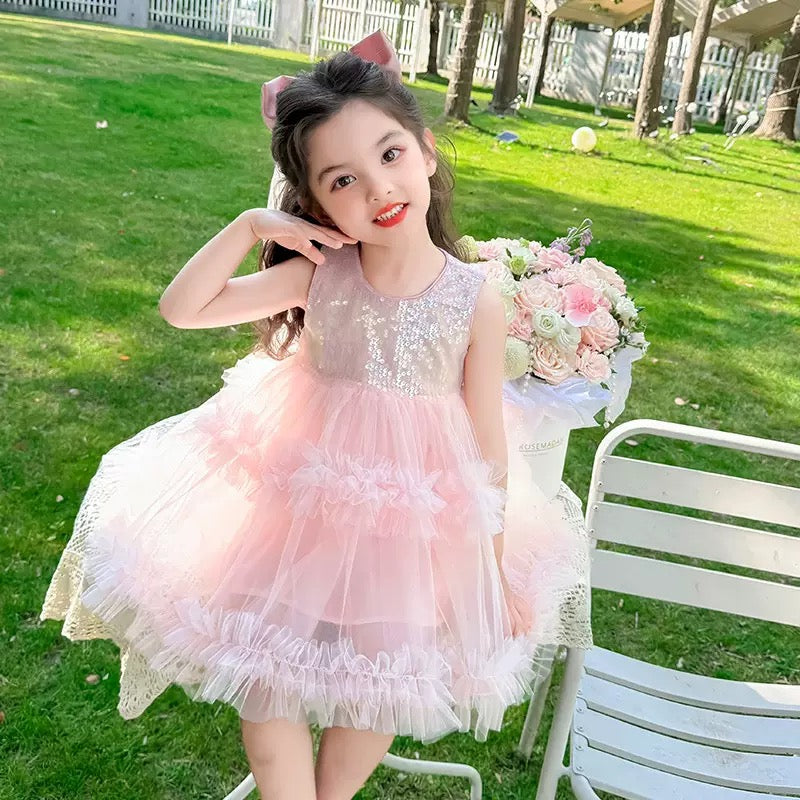 Set of 2 pcs Multi layered princess dress very soft with sequins + hair clip with big bow and tulle