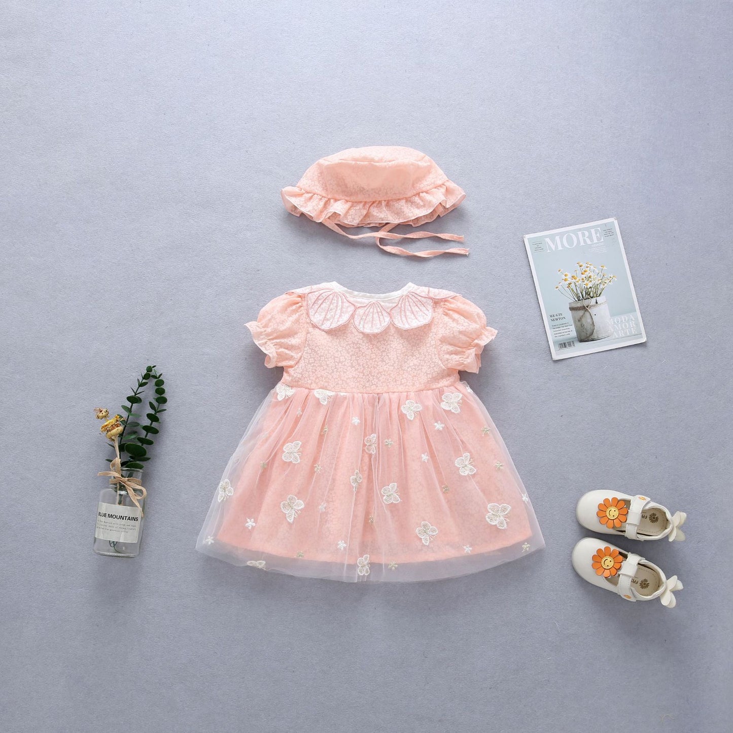 2 pcs set baby dress Petal shape collar and embroidered butterfly + hat