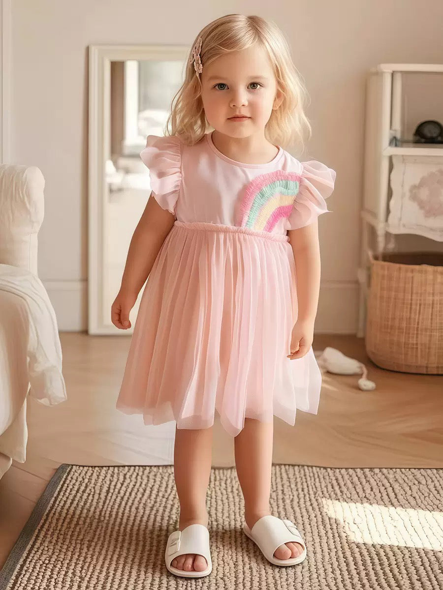 Girl's Colorful Mesh Rainbow Pattern Cap Sleeve Dress